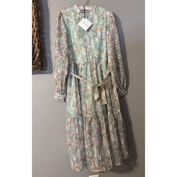 Spring & Mercer L Watercolor Chiffon Midi Prairie Dress Small Long Sleeve NEW - Picture 12 of 16